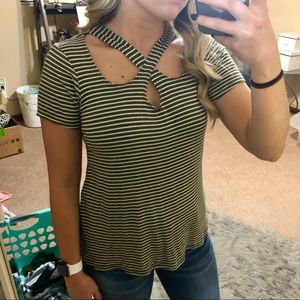 Crisscross olive and white top